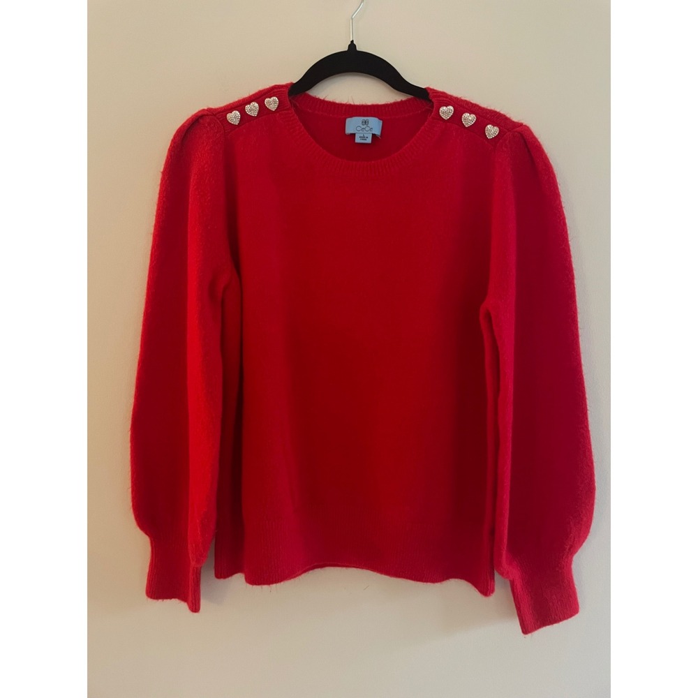 CeCe Womens Red Puff Sleeve Sweater Rhinestone Heart Shoulder Buttons Size L